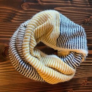 Soft Infinity scarf with stripes in white, yellow, tan and navy.